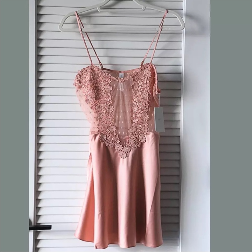 Flora Nikrooz Lace Trim Satin Rose Pink Chemise, Sexy Lingerie Sleep Dress, Gown